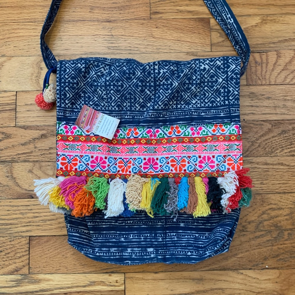 Fair Trade Handmade purse crossbody bag blue pattern with colorful pom poms Boho